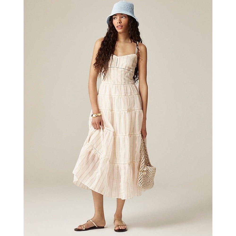 J.Crew Tiered Dobby Satin Slip Maxi Dress White Red Stripe Size 6